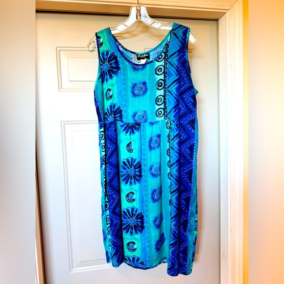 Vintage Caribou New York 100% Rayon Sleeveless Blue Print Dress Size M - Picture 1 of 12